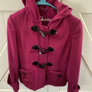 Guess size small raspberry color hooded jacket with patent toggle clasps